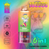 Kleurrijk vape-apparaat met het label '6 in 1 blackcurrant ananas-ijs' met een gestileerde cartoon aap met een zonnebril, met 10.000 kiezels, 850 mAh batterij, Type-C opladen, verstelbare smaken, LED-scherm en olietankdetails.