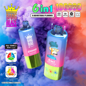 Promotionele afbeelding voor Bang Blaze 6-in-1 wegwerp vape-apparaten, met twee vapen met kleurrijke ontwerpen en smaakopties, waarbij 10.000 kiezels, 6 verstelbare smaken en productkenmerken worden benadrukt op een levendige rookachtergrond.