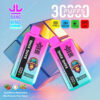 Twee kleurrijke Bang King Wegwerp -vape -apparaten met een gradiëntachtergrond, productbranding, smaaknamen, technische iconen en een groot '30000 puffs' label.