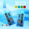 Bang King Disposable Vape-apparaten in blauwe verpakking met productkenmerken, waaronder 30000 puffs, Type-C-opladen, 550 mAh batterij, 36 ml capaciteit en bosbessenbroebberry gemengde beschimmelde fruitsmaken, ingesteld tegen een blauwe achtergrond.