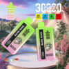 Twee Bang King Delphtech Vape-apparaten met een kleurrijk apenlogo, gelabelde aardbeienkiwi en perzik ijsaroma's, weergegeven tegen een serene landschap met bomen en een meer, met markten zoals 30000 puffs, type-C opladen, 550 mAh batterij en 36 ml capaciteit.