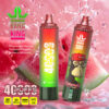 Two Bang King Disposable Vape Devices met een watermeloensmaakthema, met een digitale bladerteller en een cartoonap met een rode dop, ingesteld tegen een achtergrond van spattende watermeloenplakken.