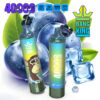Twee Bang King wegwerpvampen met kleurrijke ontwerpen, een met een cartoonape en de tekst 'Blueberry Ice', gepositioneerd onder grote bosbessen, ijsblokjes en groene bladeren, met productspecificaties zoals 40.000 kiezels en 1000 mAh die bovenaan worden getoond.