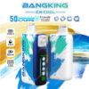 Twee Bangking Ice Cool Weggooisbare vapen in een blauw en wit verf-splatter-ontwerp, met pictogrammen en tekst die 50.000 kiezels, 5 verstelbare koelheidsniveaus, 25 ml capaciteit, 850 mAh-batterij, Type-C-opladen en dubbele mesh-spoel benadrukt.