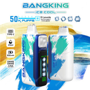 Twee Bangking Ice Cool Weggooisbare vapen in een blauw en wit verf-splatter-ontwerp, met pictogrammen en tekst die 50.000 kiezels, 5 verstelbare koelheidsniveaus, 25 ml capaciteit, 850 mAh-batterij, Type-C-opladen en dubbele mesh-spoel benadrukt.