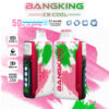 Twee Bangking Ice Cool Vape-apparaten met rode, witte en groene accenten, met verstelbare koelheidsniveaus, digitaal display en productdetails zoals 50.000 kiezels, 850 mAh batterij, 25 ml capaciteit en Type-C opladen, weergegeven tegen een roze en groene abstracte achtergrond.