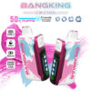 Twee bangking-wegwerpvampen met roze, witte en blauwe penseelstrokeerontwerpen, met een LED-display, Type-C opladen, 25 ml vloeibare capaciteit, 850 mAh batterij, verstelbare koelte in vijf niveaus en promotietekst die 50.000 trekjes benadrukt.