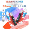 Bangking Ice Cool Disposable Vape -apparaten met verstelbare koelte, met een digitaal display en merk kleurrijk ontwerp, getoond tegen een blauwe en rode verfslagachtergrond naast belangrijke productspecificaties.