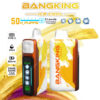 Promotionele afbeelding met twee Bangking Ice Cool Vape-apparaten met een wit en oranje ontwerp, presentatieproductfuncties zoals 50.000 puffs, 5 niveaus van verstelbare koelte, Type-C-opladen, 25 ml capaciteit, 850 mAh batterij en 1,0Ω dubbele mesh, naast ijskubusgraphics en branding.
