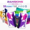Twee Bangking Ice Cool Disposable Vape-apparaten met paarse en wit verf-splatter ontwerp, verstelbare koelte-functie en productspecificaties, waaronder 50.000 kiezels, 25 ml capaciteit, 850 mAh batterij, dubbele mesh-spoel en Type-C opladen, weergegeven tegen een kleurrijke borstelstroke achtergrond met ijskubusafbeeldingen.