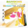 Bangking Ice Cool Vape-apparaat met kleurrijk geel en roze borstelstroke ontwerp, met functies zoals 50.000 trekjes, 5 verstelbare koelheidsniveaus, Type-C-opladen, 25 ml capaciteit, 850 mAh batterij en 1,0Ω dubbele gaas, omgeven door ijsblokjes en goudverfstrepen.