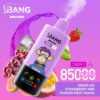 Kleurrijk vape -apparaat met een cartoonaap, omgeven door druiven, aardbeien, kiwi, guave, ijs en passievrucht, op een paarse achtergrond met productbranding en informatie over 8500 puffs en drie smaakopties.