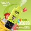 Kleurrijk vape -apparaat met een cartoon -aapontwerp met het label 'Bang Leader' omringd door afbeeldingen van bananen, aardbeien, watermeloen, gummyberen en ijsblokjes, waarbij smaken en functies worden benadrukt.