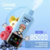 Promotionele afbeelding voor Bang Leader Vape Device, met een cartoonaap met de smaakopties met bosbessenijs, blauwe razz en geurige peer, omgeven door bosbessen, frambozen, peren en ijsblokjes met tekst die 8500 trekjes en 3-in-1 smaken benadrukt.