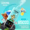 Bang Leader Vape -apparaat met een gekroonde cartoonaap, bramen, ijsblokjes, marshmallow, citroenplak en cola drinken tegen een blauwe achtergrond, het promoten van zwarte Dragon Ice, Marshmallow en Summer Dream Flavors met 8500 trekjes.