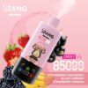 Pink S.Bang Vape -apparaat met een cartoonaap, omgeven door aardbeien, frambozen, zwarte krenten en bananen, adverteren 8500 puffs en drie smaakopties op een roze achtergrond.