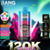 Kleurrijk Bang Legend 120K vape-apparaat met een cartoon Monkey Face-ontwerp, omgeven door gloeiende roze kristallen, met aandacht voor functies zoals 5 smaken, 50 ml capaciteit, mesh-spoel en Type-C opladen.