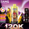 Promotieafbeelding voor het Bang Legend 5-in-1 vape-apparaat, met een gele vape voor grote gloeiende kristallen, vermelde productsmaakopties en -functies, en vetgedrukte '120K'-tekst onderaan.