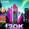 Bang Legend 120K wegwerpvape met een paars ontwerp met een cartoonaap die een zonnebril draagt, weergegeven tegen gloeiende roze kristallen, met nadruk op 5-in-1-smaken, mesh-spoel, capaciteit van 50 ml en opladen via Type-C.