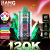 Promotieafbeelding voor een Bang Legend 5-in-1 wegwerpvape-apparaat, met een groene en paarse vape-pen met vermelde smaakopties en neonkristallen rekwisieten op de achtergrond, met nadruk op functies zoals mesh-spoel, capaciteit van 50 ml en opladen met Type-C.