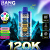 Bang Legend 5-in-1 wegwerp vape-apparaat met een blauw ontwerp met een gestileerde aapafbeelding, een smaaklijst aan de linkerkant, technische kenmerken aan de rechterkant en een achtergrond van ijskristal.