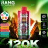 Bang Legend 120K vape-apparaat met levendige verpakking, met een stripfiguur, smaakopties en producthoogtepunten, waaronder Mesh Coil, 50 ml capaciteit en Type-C opladen tegen een gloeiende kristallen achtergrond.