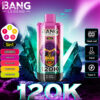 Bang Legend 5-in-1 wegwerp vape-apparaat met geïllustreerde gorilla die een zonnebril draagt, smaakopties vermeld als aardbei-watermeloen, druivenijs, rode mojito, bananenijs en citroenlimoen, weergegeven tegen een gloeiende kristallen achtergrond met functies zoals mesh-spiraal, capaciteit van 50 ml en gemarkeerd Type-C-opladen.