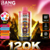 Promotionele afbeelding voor het Bang Legend 5-in-1 vape-apparaat met een grote cartridge met 120K trekjes, mesh-spiraal, 50 ml capaciteit, Type-C opladen en vijf vermelde smaken: aardbei-watermeloen, meloen-appel, cola-ijs, mango-perzik en Love 66, tegen een levendige achtergrond met kristallen thema en gouden accenten.