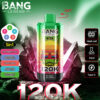 Kleurrijke Bang Legend 5-in-1 wegwerpvape met een gestileerd gezicht met een zonnebril op het apparaat, omgeven door kristalformaties, vermelde smaakopties en pictogrammen die Mesh Coil benadrukken, een capaciteit van 50 ml en Type-C opladen.
