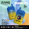 Bang Legend Disposable Vape Device Advertentie met twee blauwe en gele apparaten, met markten als 80.000 puffs, Type-C opladen, dubbele gaas, drie smaken (bosbessenijs, zwart Dragon Ice, Mango Peach) en een waarschuwing over nicotineverslaving.