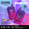 Advertentie met twee kleurrijke Bang Legend Vape-apparaten met 80.000 trekjes, markeerfuncties zoals Type-C opladen, dubbele gaas en smaken, waaronder bosbessenijs, aardbei en banaan, en gemengde bessen, naast een nicotine-waarschuwing en productcertificeringen.