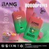 Promotionele afbeelding voor Bang Legend Wegwerp VAPE -apparaat met twee rode en groene vape -pods, belangrijke functies, waaronder 80.000 puffs, Triple Flavour Options (Kiwi Guave, Lychee Ice, Mango Peach Pineapple), een Cartoon Monkey Logo en een waarschuwing voor nicotine verslaving.