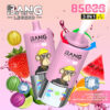Bang Legend 3-in-1 vape-apparaten in roze met geïllustreerd apengezicht, omgeven door fruit en ijs cueing smaken aardbeienijs, citroensinaasappel en watermeloen kauwgom, met tekst die 8500 kieekjes benadrukt.
