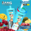 Bang Legend 3-in-1 vape-apparaat met geïllustreerd apenkarakter, met kersen-, cranberry-, perzik-, mango- en ananasaroma's, getoond met afbeeldingen van de vruchten, blauwe achtergrond en 8500 puffs gemarkeerd.