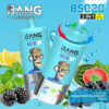 Bang Legend 3-in-1 wegwerpapparaten met cartoon Monkey King Design, omringd door fruitillustraties, waaronder citroen, munt, bramen, bosbes, frambozen en watermeloen, met de nadruk op de Flavours Love 666, bosbessenbebesry en vimto.