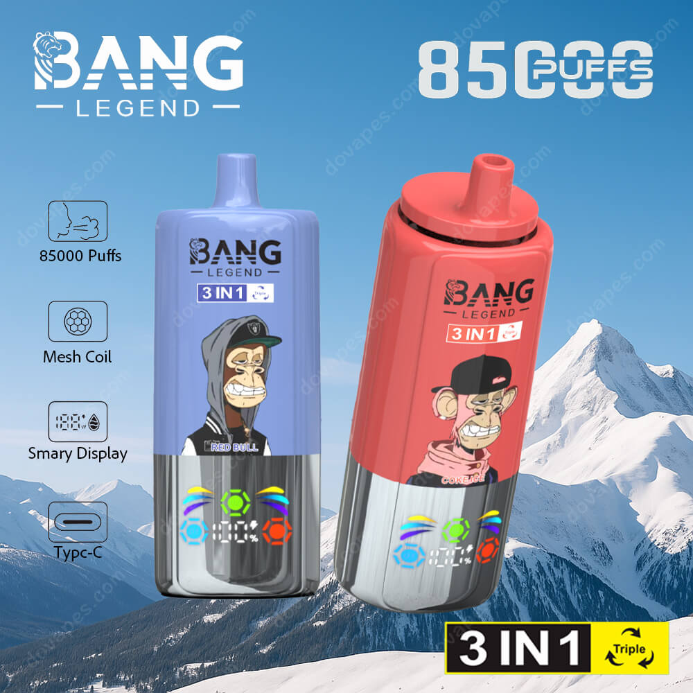 Twee Bang Legend 3-in-1 vape-apparaten met cartoonapes op hun labels, ingesteld tegen een besneeuwde bergachtergrond, met tekst markeerfuncties zoals 85.000 trekjes, mesh-spoel, slimme display en USB Type-C opladen.