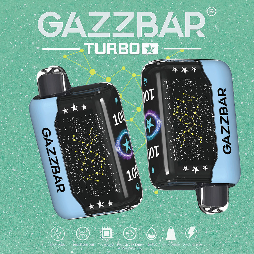 Twee Gazzbar Turbo Vape -apparaten met constellatieontwerpen op een gespikkelde groenblauw achtergrond, omringd door branding en functiepictogrammen.