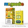 Mr. Goodie Branded Wisingable Vape -apparaat en verpakking in geel, met een geïllustreerde oogafbeelding, gelabeld met Flavours Mango Banana, Orange en een mix en een nicotine -waarschuwing.