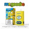 Mr. Goodie Branded Vape Product Packaging en Yellow Vape -apparaat met een blauw gestileerd oogontwerp, met tekstdetails smaken ananas kokosnoot, energie -ijs en kokosergie -ijs en een nicotine -waarschuwingslabel.