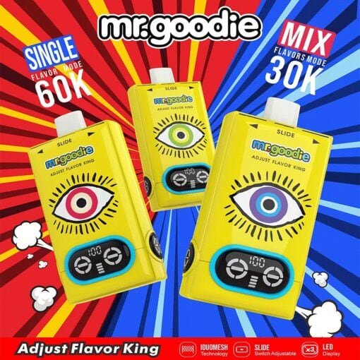 Promotiefoto voor het mr.goodie-dampapparaat met drie gele units met oogafbeeldingen, digitale bedieningselementen en de tekst 'Single Flavor Mode 60K' en 'Mix Flavors Mode 30K' tegen een rood-blauwe achtergrond.