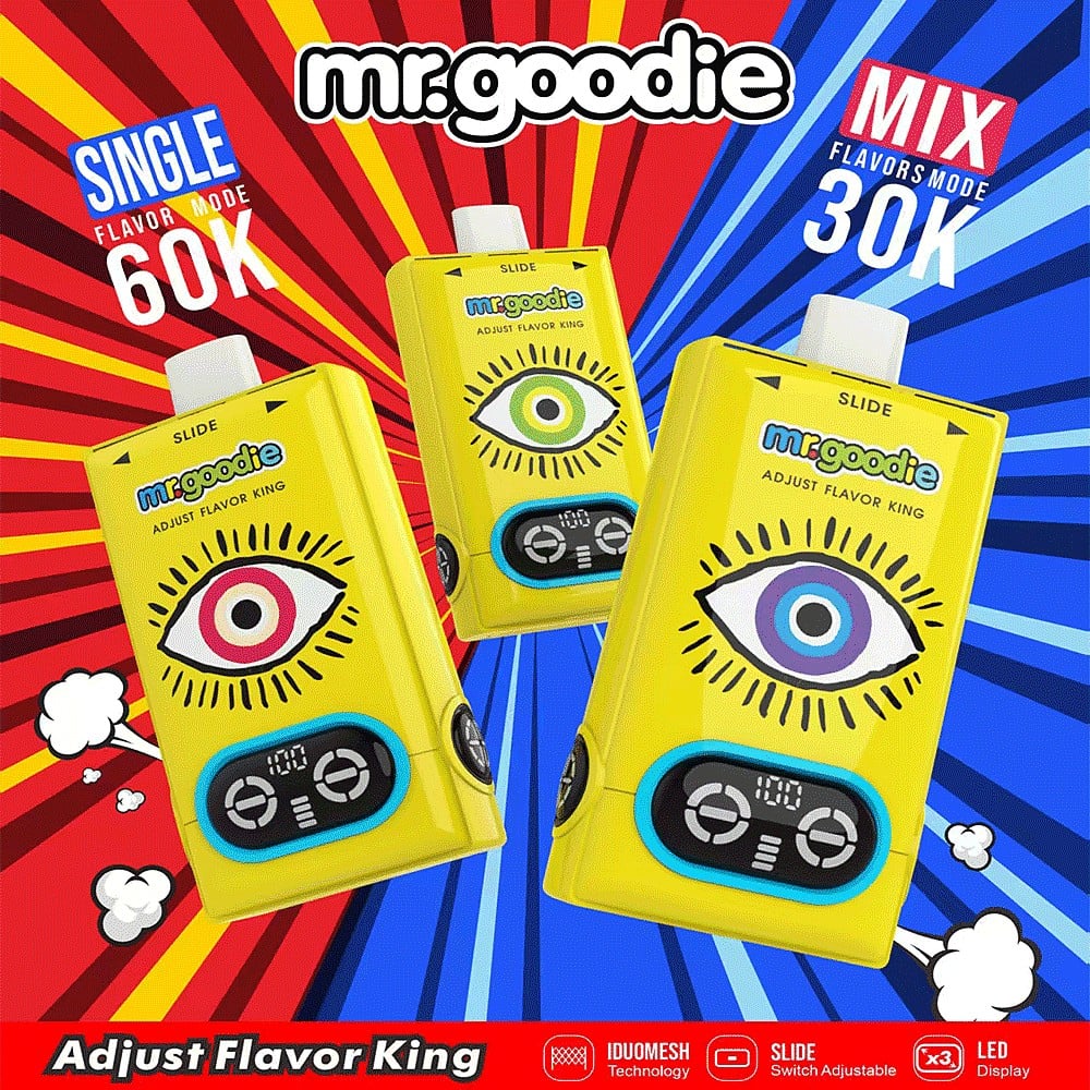 Promotiefoto voor het mr.goodie-dampapparaat met drie gele units met oogafbeeldingen, digitale bedieningselementen en de tekst 'Single Flavor Mode 60K' en 'Mix Flavors Mode 30K' tegen een rood-blauwe achtergrond.