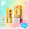 Geel Zooy merkwijdbaar vape -apparaat en de verpakking, met een cartoonaap met een bril en een hoed, die drievoudige smaken promoot (Lemon Peach, Strawberry Watermelon, Triple Melon), een 10.000 tellen van 10.000, een triple -spoel van 0,9 ohm en een scherm.