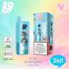 Blue Zoovy Disposable Vape -apparaat en de verpakking met een stripfiguur, met '10, 000 Puffs 3in1 ', en smaakopties Mr. Blue, Strawberry Banana en Lemon Lime, op een pastelkleurige gradiëntachtergrond.