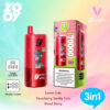 Red Zovoy 3-in-1 Wegwerp vape-apparaat en verpakking met een cartoonaap in een hoed, met smaakopties Lemon Cola, Strawberry Vanilla Cola en Mixed Berry, ingesteld tegen een pastelkleurige gradiëntachtergrond.