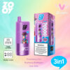 Zooy 3-in-1 wegwerp vape-apparaat met een paars lichaam met een cartoonap, weergegeven naast de verpakking, met de hoogte van smaken Strawberry Kiwi, bosbessenbubblegum en Love 666 tegen een pastelkleurige gradiëntachtergrond.