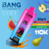 Kleurrijke Bang Legend Wegwerpevape apparaat met een digitaal display, geïllustreerd met een hiphop-aap, omgeven door watermeloenplak, appel, peer en spatten, markerend 3-in-1 smaken: watermeloenijs, appelpeer en gepassioneerde kus.