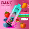 Kleurrijke Bang Legend 3-in-1 vape-apparaat met digitaal display, omgeven door fruitillustraties (aardbei, bosbes, mango, perzik, watermeloen), die smaken en productkenmerken op een roze achtergrond benadrukken.