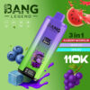 Kleurrijk Bang Legend Vape -apparaat met digitaal display omringd door afbeeldingen van bosbessen, watermeloen, druiven en een ijsblokje, waarbij smaken bosbessen watermeloen, druivenijs en futu -ijs worden benadrukt.