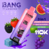 Promotionele afbeelding voor een Bang Legend 110K 3-in-1 vape-apparaat met een kleurrijk apparaat met een gorilla-cartoon, omgeven door illustraties van aardbei, bramen, watermeloen, druiven, limoen en een ijskubus, waarbij smaken zoals aardbeienwatermeloen, druivenbrug en limoen romantiek worden benadrukt.
