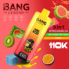 Bang Legend Vape -apparaat met digitaal display met een cartoon -aap en omgeven door Kiwi, guave, passievrucht, watermeloen kauwgom en levendige vloeibare spatten, de smaken benadrukken: watermeloen kauwgom, kiwi passie fruit guava en mamba.